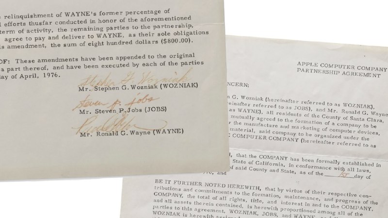 苹果公司 1976 年创始合同将拍卖，估价 200 万至 400 万美元苹果公司 1976 年原始合伙协议将于 2026 年 1 月在佳士得拍卖行拍卖，估价 200 万至 400 万美元