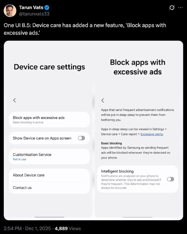 三星计划在 One UI 8.5 中引入自动限制广告通知的新功能三星 One UI 8.5 更新，预计引入针对“过量广告”的通知治理机制，通过智能识别并限制部分频繁推送广告的应用